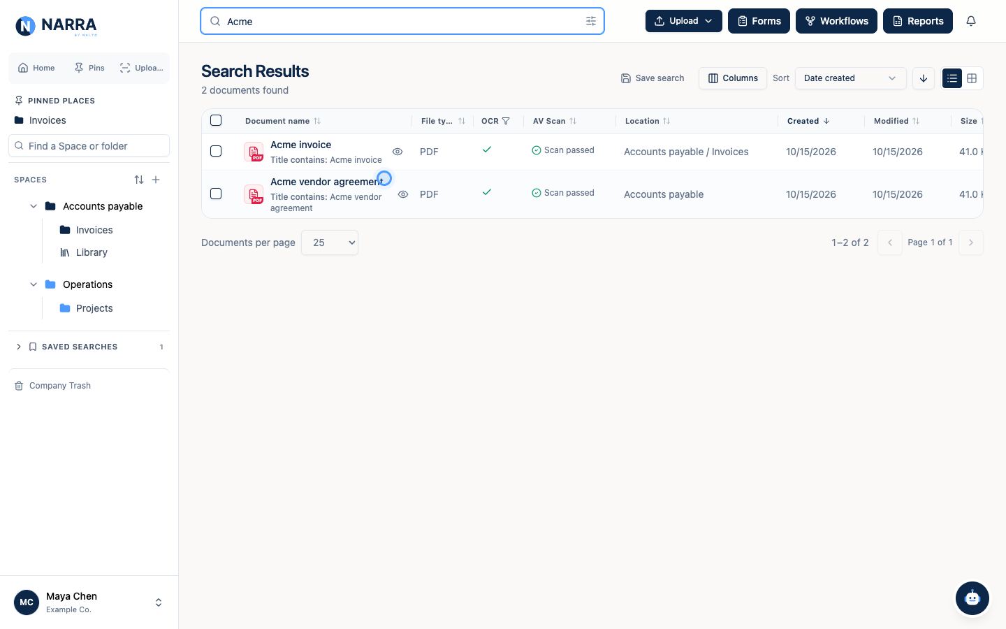 Narra content search results using fictional business records